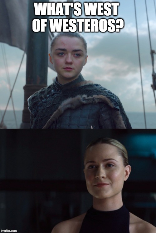 West of Westeros: Westworld | WHAT'S WEST OF WESTEROS? | image tagged in game of thrones,game of thrones arya,arya stark,dolores abernathy,westworld,hbo | made w/ Imgflip meme maker