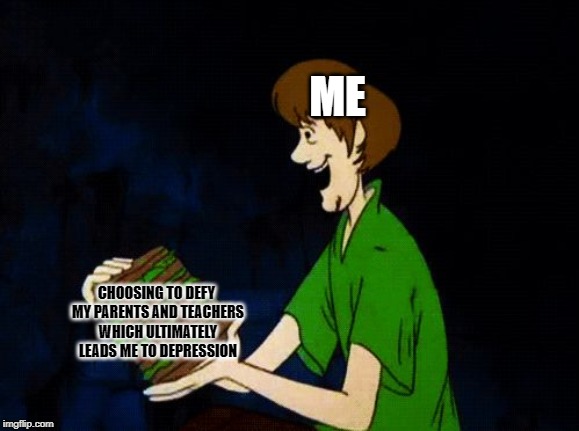 Behold, my first ever original template, SHAGGY SANDWICH | ME; CHOOSING TO DEFY MY PARENTS AND TEACHERS WHICH ULTIMATELY LEADS ME TO DEPRESSION | image tagged in shaggy sandwich | made w/ Imgflip meme maker
