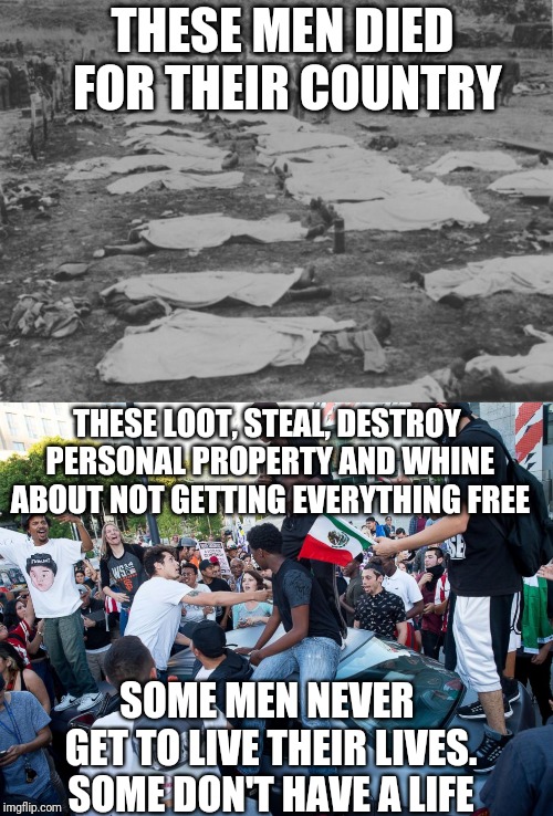 THESE MEN DIED FOR THEIR COUNTRY; THESE LOOT, STEAL, DESTROY PERSONAL PROPERTY AND WHINE ABOUT NOT GETTING EVERYTHING FREE; SOME MEN NEVER GET TO LIVE THEIR LIVES. SOME DON'T HAVE A LIFE | image tagged in lib protestors | made w/ Imgflip meme maker