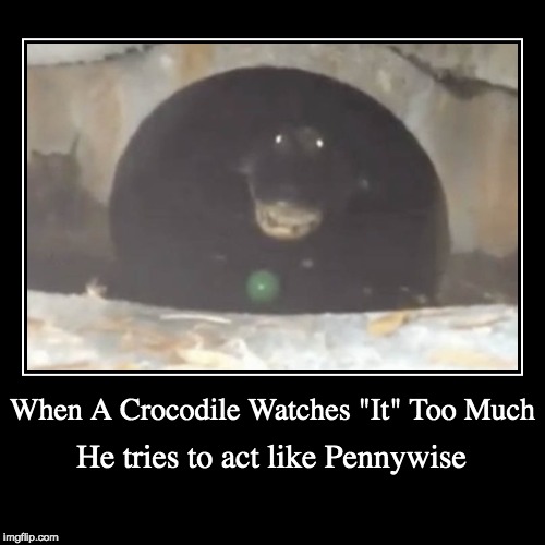 Pennywise the Crocodile | image tagged in funny,demotivationals,pennywise,crocodile,memes,sewer | made w/ Imgflip demotivational maker
