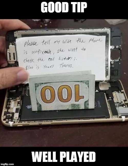 GOOD TIP; WELL PLAYED | image tagged in wife,cell phone,repair | made w/ Imgflip meme maker