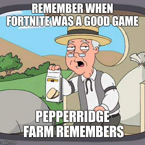 Pepperidge Farm Remembers | REMEMBER WHEN FORTNITE WAS A GOOD GAME; PEPPERRIDGE FARM REMEMBERS | image tagged in memes,pepperidge farm remembers,fortnite | made w/ Imgflip meme maker
