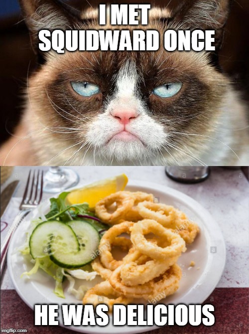 The true reason Squidward Week ended! ¯_(ツ)_/¯ Squidward Week, a Sahara-jj and EGOS event. | I MET SQUIDWARD ONCE; HE WAS DELICIOUS | image tagged in memes,grumpy cat not amused,squidward week,grumpy cat,squidward,cooking | made w/ Imgflip meme maker