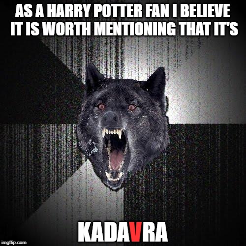 AS A HARRY POTTER FAN I BELIEVE IT IS WORTH MENTIONING THAT IT'S KADAVRA V | image tagged in memes,insanity wolf | made w/ Imgflip meme maker