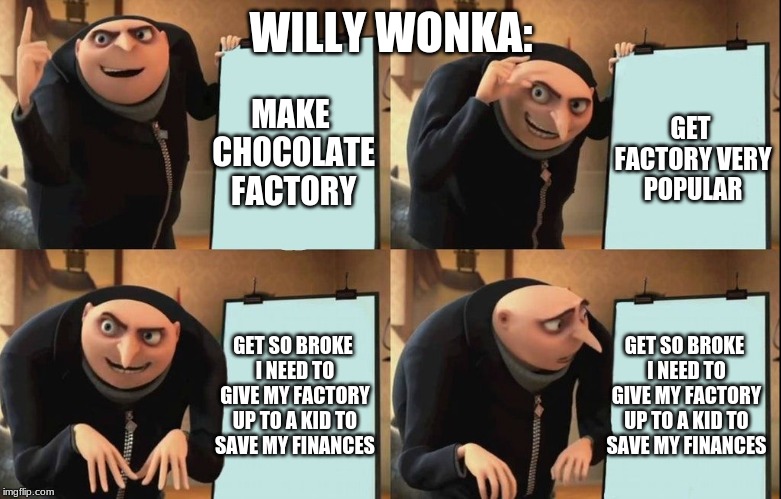 Willy Wonka | WILLY WONKA:; GET FACTORY VERY POPULAR; MAKE CHOCOLATE FACTORY; GET SO BROKE I NEED TO GIVE MY FACTORY UP TO A KID TO SAVE MY FINANCES; GET SO BROKE I NEED TO GIVE MY FACTORY UP TO A KID TO SAVE MY FINANCES | image tagged in gru poster | made w/ Imgflip meme maker