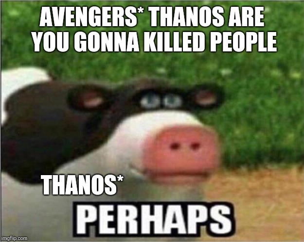 Perhaps Cow | AVENGERS* THANOS ARE YOU GONNA KILLED PEOPLE; THANOS* | image tagged in perhaps cow | made w/ Imgflip meme maker
