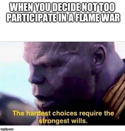 THANOS HARDEST CHOICES | WHEN YOU DECIDE NOT TOO PARTICIPATE IN A FLAME WAR | image tagged in thanos hardest choices | made w/ Imgflip meme maker