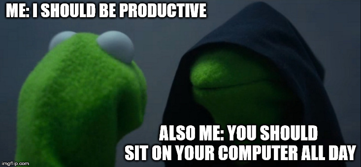 Evil Kermit | ME: I SHOULD BE PRODUCTIVE; ALSO ME: YOU SHOULD SIT ON YOUR COMPUTER ALL DAY | image tagged in memes,evil kermit | made w/ Imgflip meme maker