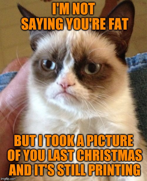 Maybe it will be done in time for next Christmas | I'M NOT SAYING YOU'RE FAT; BUT I TOOK A PICTURE OF YOU LAST CHRISTMAS AND IT'S STILL PRINTING | image tagged in memes,grumpy cat,yo mamas so fat,grumpy cat christmas,confused dafuq jack sparrow what,well that escalated quickly | made w/ Imgflip meme maker