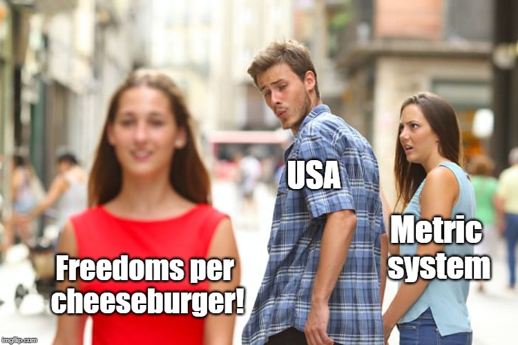Murica! | USA; Metric system; Freedoms per cheeseburger! | image tagged in freedom in murica,'murica,metric,cheeseburger | made w/ Imgflip meme maker