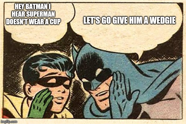 Batman and Robin | LET'S GO GIVE HIM A WEDGIE; HEY BATMAN I HEAR SUPERMAN DOESN'T WEAR A CUP | image tagged in batman and robin | made w/ Imgflip meme maker