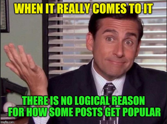 Michael Scott | WHEN IT REALLY COMES TO IT THERE IS NO LOGICAL REASON FOR HOW SOME POSTS GET POPULAR | image tagged in michael scott | made w/ Imgflip meme maker