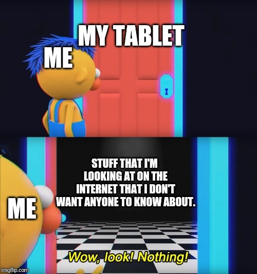 Some things are best left unknown. | MY TABLET; ME; STUFF THAT I'M LOOKING AT ON THE INTERNET THAT I DON'T WANT ANYONE TO KNOW ABOUT. ME | image tagged in wow look nothing,memes,internet,secret,nope | made w/ Imgflip meme maker
