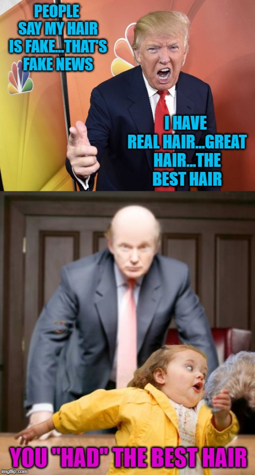 The world may never know... | PEOPLE SAY MY HAIR IS FAKE...THAT'S FAKE NEWS; I HAVE REAL HAIR...GREAT HAIR...THE BEST HAIR; YOU "HAD" THE BEST HAIR | image tagged in trump yelling,memes,little girl running away,funny,trump,toupee | made w/ Imgflip meme maker