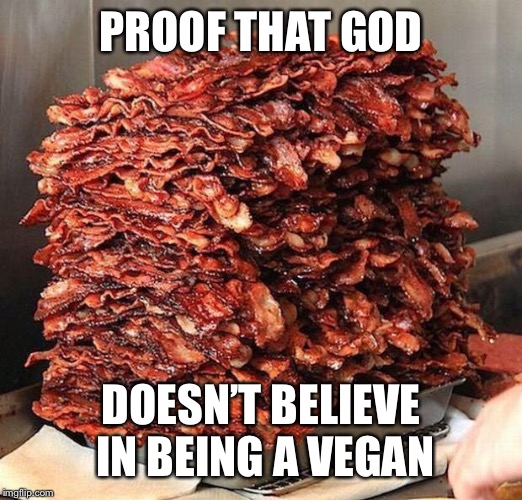 bacon | PROOF THAT GOD; DOESN’T BELIEVE IN BEING A VEGAN | image tagged in bacon | made w/ Imgflip meme maker