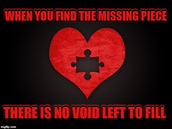 Truth. | WHEN YOU FIND THE MISSING PIECE; WHEN YOU FIND THE MISSING PIECE; THERE IS NO VOID LEFT TO FILL; THERE IS NO VOID LEFT TO FILL | image tagged in nixieknox,memes,addiction | made w/ Imgflip meme maker
