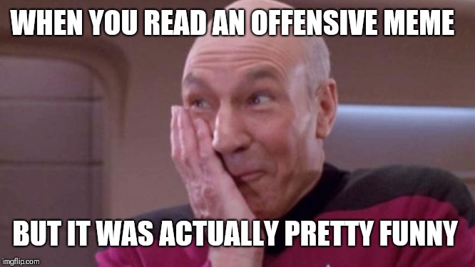 picard oops | WHEN YOU READ AN OFFENSIVE MEME; BUT IT WAS ACTUALLY PRETTY FUNNY | image tagged in picard oops | made w/ Imgflip meme maker