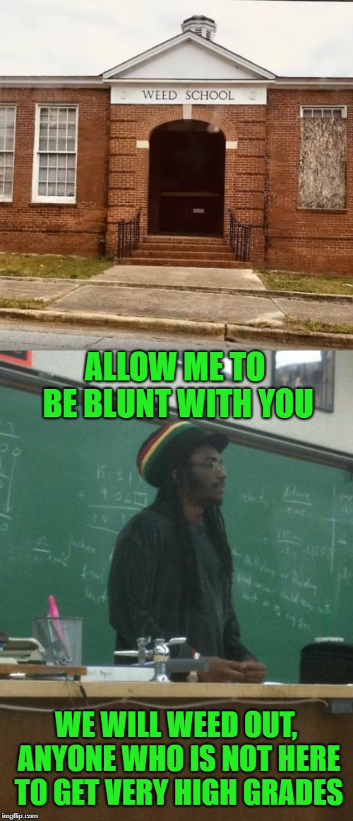 Ahh that first day at weed school. When the teachers are all strict before they start smoking. | ALLOW ME TO BE BLUNT WITH YOU; WE WILL WEED OUT, ANYONE WHO IS NOT HERE TO GET VERY HIGH GRADES | image tagged in memes,rasta science teacher,weed,school,blunt,humour | made w/ Imgflip meme maker