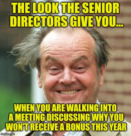 No bonus this year | THE LOOK THE SENIOR DIRECTORS GIVE YOU... WHEN YOU ARE WALKING INTO A MEETING DISCUSSING WHY YOU WON'T RECEIVE A BONUS THIS YEAR | image tagged in jack nicholson crazy hair | made w/ Imgflip meme maker