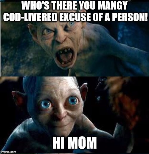 Gollum-Smeagol | WHO'S THERE YOU MANGY COD-LIVERED EXCUSE OF A PERSON! HI MOM | image tagged in gollum-smeagol | made w/ Imgflip meme maker