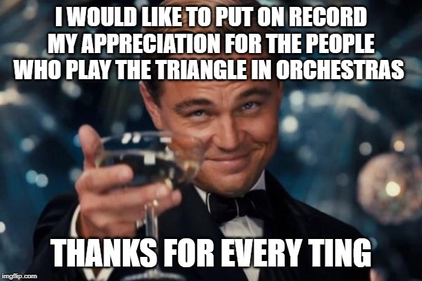 Leonardo Dicaprio Cheers | I WOULD LIKE TO PUT ON RECORD MY APPRECIATION FOR THE PEOPLE WHO PLAY THE TRIANGLE IN ORCHESTRAS; THANKS FOR EVERY TING | image tagged in memes,leonardo dicaprio cheers,jokes,music | made w/ Imgflip meme maker