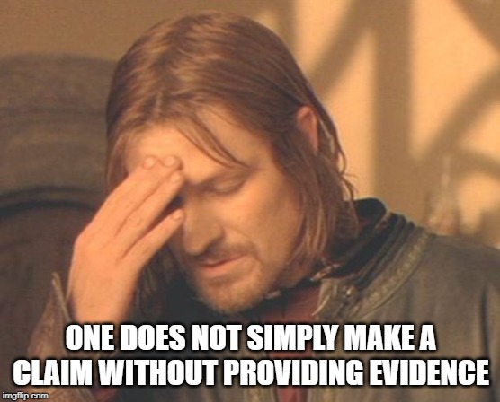 Frustrated Boromir Meme | ONE DOES NOT SIMPLY MAKE A CLAIM WITHOUT PROVIDING EVIDENCE | image tagged in memes,frustrated boromir | made w/ Imgflip meme maker