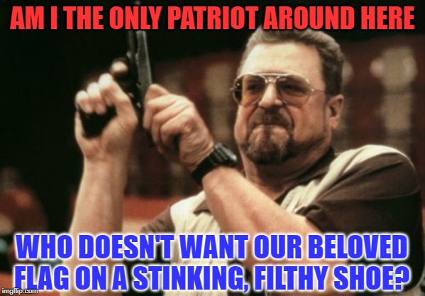 AM I THE ONLY PATRIOT AROUND HERE WHO DOESN'T WANT OUR BELOVED FLAG ON A STINKING, FILTHY SHOE? | image tagged in memes,am i the only one around here | made w/ Imgflip meme maker