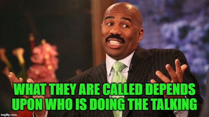Steve Harvey Meme | WHAT THEY ARE CALLED DEPENDS UPON WHO IS DOING THE TALKING | image tagged in memes,steve harvey | made w/ Imgflip meme maker