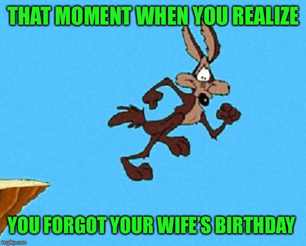 Not me! My wife’s birthday is easy to remember. It’s Super Bowl week | THAT MOMENT WHEN YOU REALIZE; YOU FORGOT YOUR WIFE’S BIRTHDAY | image tagged in wile e coyote,oops,friend is in trouble | made w/ Imgflip meme maker