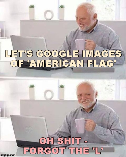 Inspired by SpursFanFromAround | LET'S GOOGLE IMAGES OF 'AMERICAN FLAG' OH SHIT - FORGOT THE 'L' | image tagged in memes,hide the pain harold,spursfanfromaround,google search | made w/ Imgflip meme maker