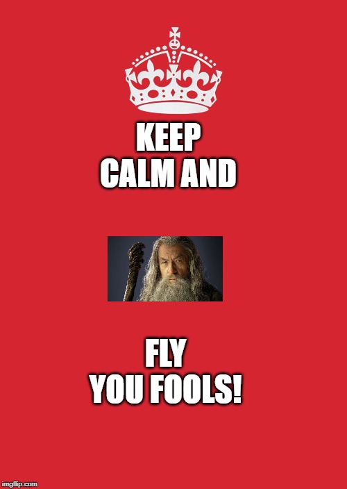 Keep Calm And Carry On Red | KEEP CALM AND; FLY YOU FOOLS! | image tagged in memes,keep calm and carry on red | made w/ Imgflip meme maker
