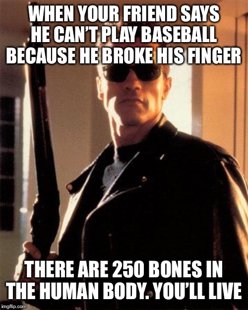 Terminator 2 | WHEN YOUR FRIEND SAYS HE CAN’T PLAY BASEBALL BECAUSE HE BROKE HIS FINGER; THERE ARE 250 BONES IN THE HUMAN BODY. YOU’LL LIVE | image tagged in terminator 2 | made w/ Imgflip meme maker