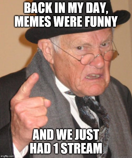 Back In My Day | BACK IN MY DAY, MEMES WERE FUNNY; AND WE JUST HAD 1 STREAM | image tagged in memes,back in my day | made w/ Imgflip meme maker