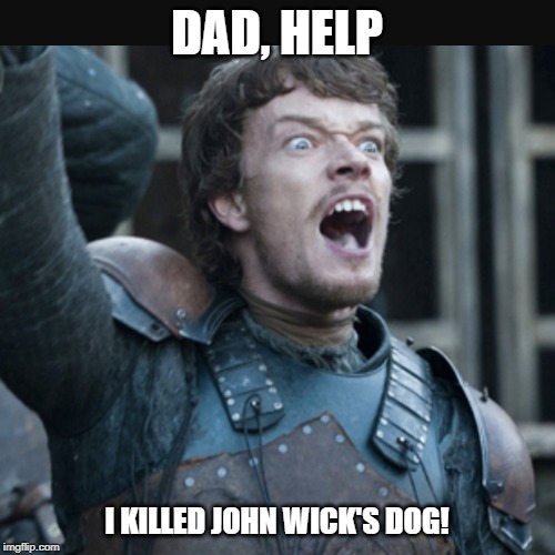 Theon | DAD, HELP; I KILLED JOHN WICK'S DOG! | image tagged in theon | made w/ Imgflip meme maker