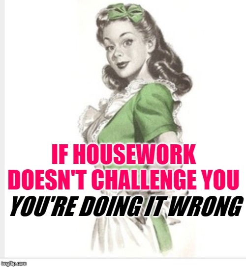 Sassy Housework Challenge | IF HOUSEWORK DOESN'T CHALLENGE YOU; YOU'RE DOING IT WRONG | image tagged in 50's housewife,challenge accepted,housework,role model,so true memes,strong women | made w/ Imgflip meme maker