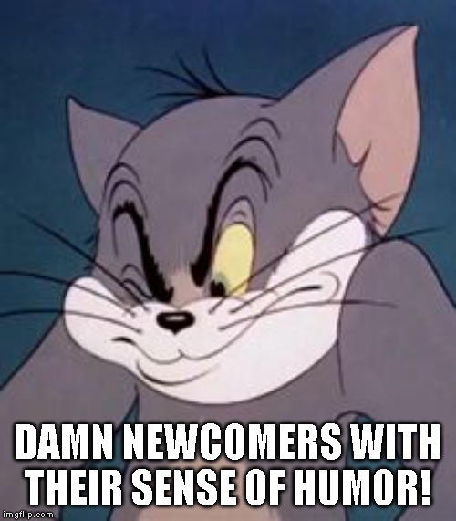 Tom cat | DAMN NEWCOMERS WITH THEIR SENSE OF HUMOR! | image tagged in tom cat | made w/ Imgflip meme maker