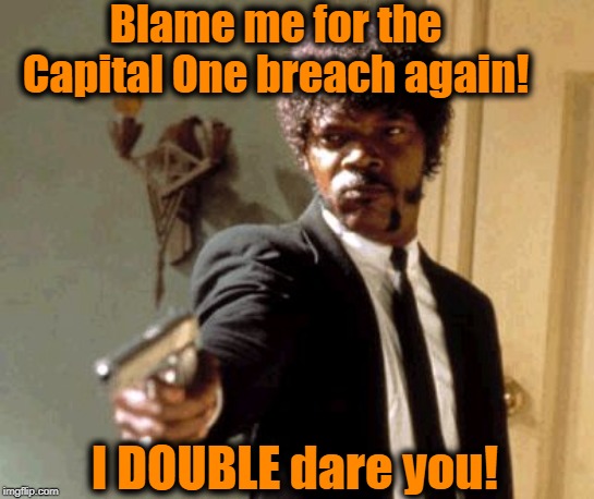100 million Capital One customers affected! | Blame me for the Capital One breach again! I DOUBLE dare you! | image tagged in memes,say that again i dare you | made w/ Imgflip meme maker
