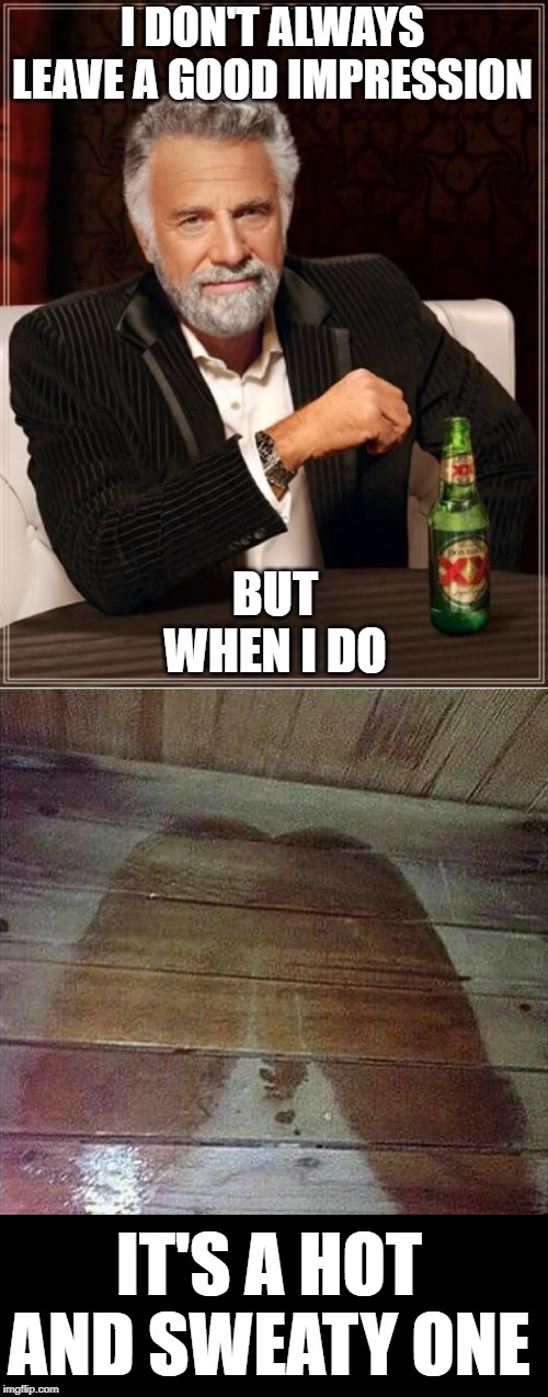Throw some more water on | I DON'T ALWAYS LEAVE A GOOD IMPRESSION; BUT WHEN I DO; IT'S A HOT AND SWEATY ONE | image tagged in memes,the most interesting man in the world,original meme,lol,fun,neo | made w/ Imgflip meme maker
