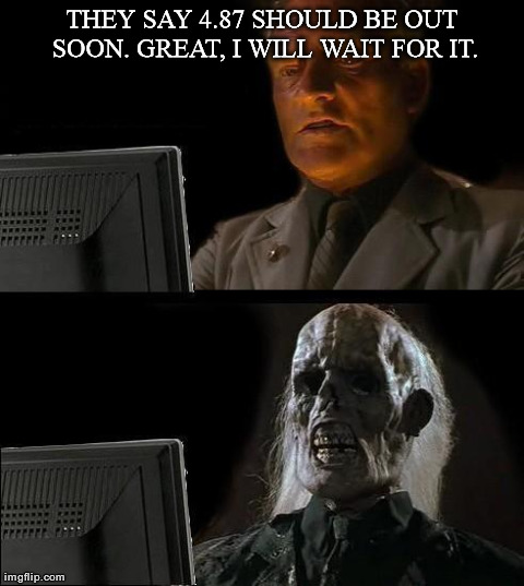 I'll Just Wait Here Meme | THEY SAY 4.87 SHOULD BE OUT SOON. GREAT, I WILL WAIT FOR IT. | image tagged in memes,ill just wait here | made w/ Imgflip meme maker