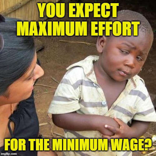 Minimum Wage Skeptic | YOU EXPECT
MAXIMUM EFFORT; FOR THE MINIMUM WAGE? | image tagged in third world skeptical kid,minimum wage,so true memes,working class,wages,jobs | made w/ Imgflip meme maker