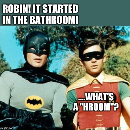 Batman and Robin | ROBIN! IT STARTED IN THE BATHROOM! ....WHAT'S A "HROOM"? | image tagged in batman and robin | made w/ Imgflip meme maker