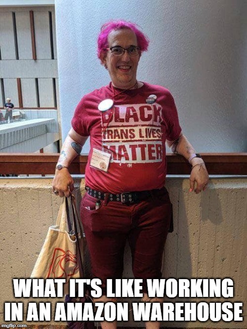 The average Amazonian | WHAT IT'S LIKE WORKING IN AN AMAZON WAREHOUSE | image tagged in amazon,black lives matter,transgender,civil rights,workplace,pink hair | made w/ Imgflip meme maker