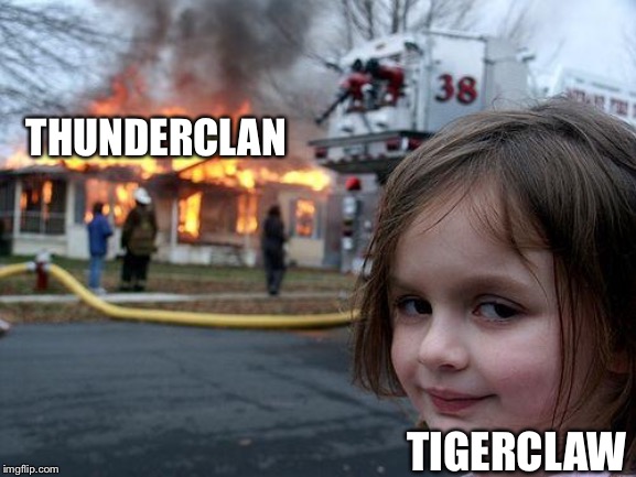 Tigerclaw in Rising Storm | THUNDERCLAN; TIGERCLAW | image tagged in memes,disaster girl,tigerclaw,warrior cats,thunderclan | made w/ Imgflip meme maker