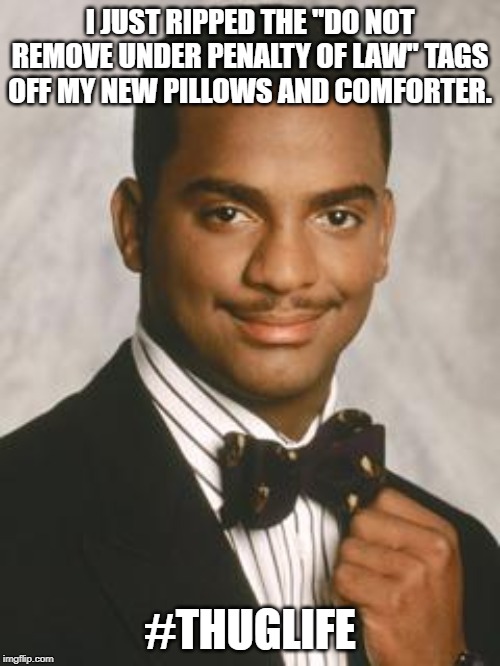 Thug Life | I JUST RIPPED THE "DO NOT REMOVE UNDER PENALTY OF LAW" TAGS OFF MY NEW PILLOWS AND COMFORTER. #THUGLIFE | image tagged in thug life | made w/ Imgflip meme maker