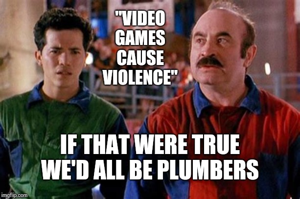 SuPeR Plumbers | "VIDEO GAMES CAUSE VIOLENCE"; IF THAT WERE TRUE WE'D ALL BE PLUMBERS | image tagged in memes,super mario bros,super mario,mario,luigi,video games | made w/ Imgflip meme maker