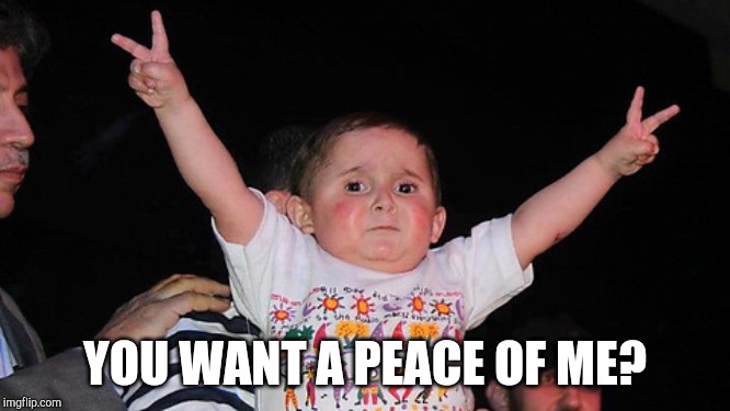 peace sign baby | YOU WANT A PEACE OF ME? | image tagged in peace sign baby | made w/ Imgflip meme maker