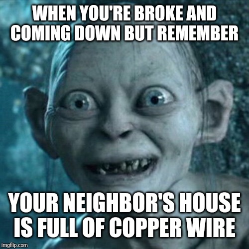Gollum | WHEN YOU'RE BROKE AND COMING DOWN BUT REMEMBER; YOUR NEIGHBOR'S HOUSE IS FULL OF COPPER WIRE | image tagged in memes,gollum | made w/ Imgflip meme maker