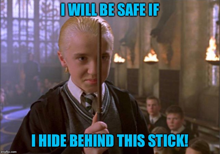 Safety First Kids! | I WILL BE SAFE IF; I HIDE BEHIND THIS STICK! | image tagged in draco malfoy,stick,safety | made w/ Imgflip meme maker