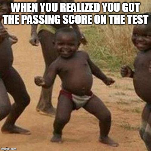 Third World Success Kid | WHEN YOU REALIZED YOU GOT THE PASSING SCORE ON THE TEST | image tagged in memes,third world success kid | made w/ Imgflip meme maker