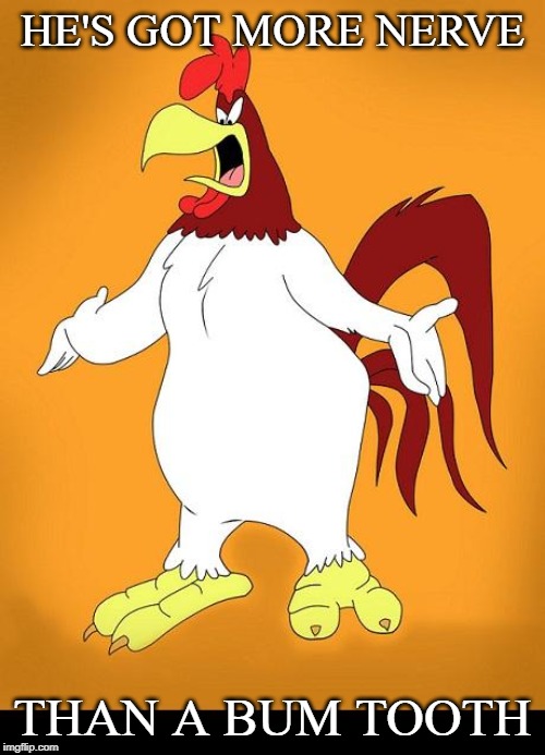 Foghorn leghorn | HE'S GOT MORE NERVE; THAN A BUM TOOTH | image tagged in foghorn leghorn,wtf nerve | made w/ Imgflip meme maker